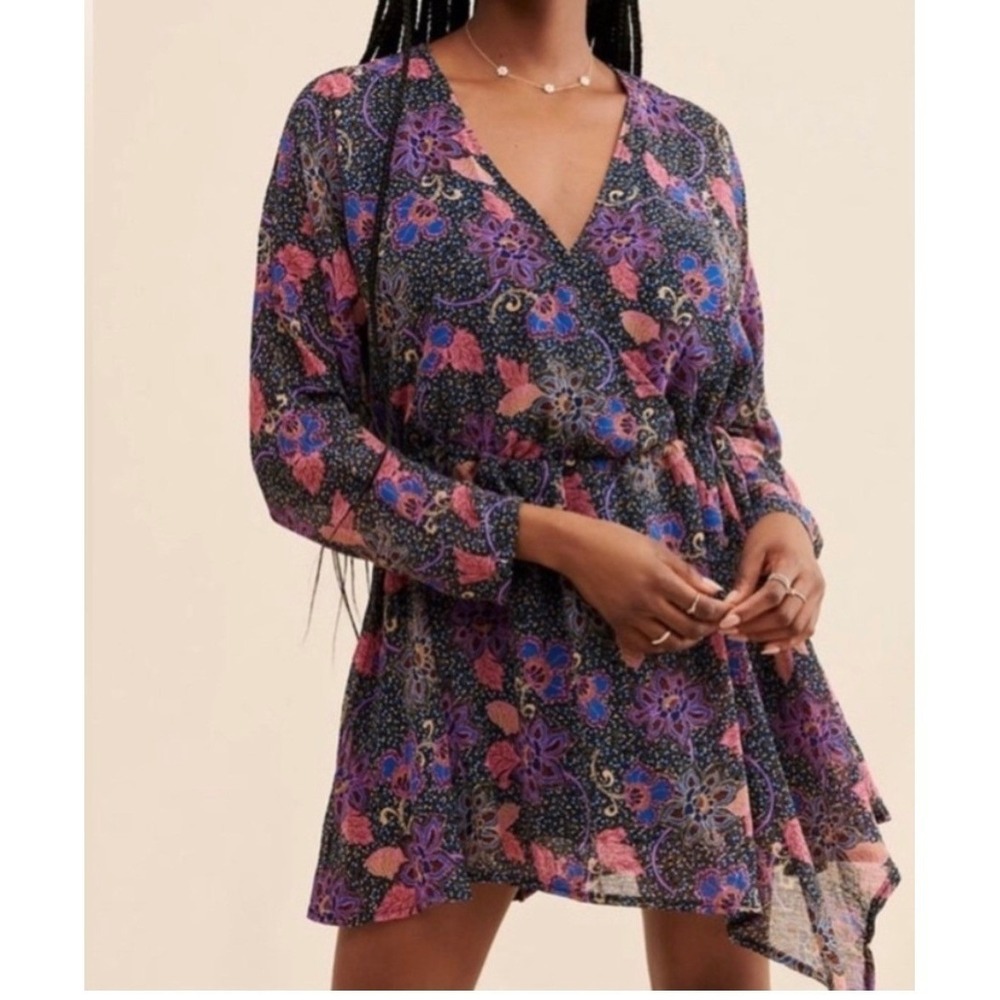 NWT $128 Free People Mini Dress Floral Paisley V-Neck Boho Fairy Purple Women XS